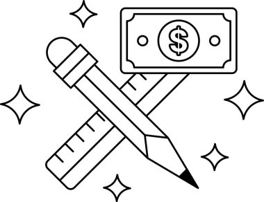 Bir dolar banknotun yanına bir kurşun kalem ve cetvel çizilir. Ölçüm ve hesaplama kavramı ve paranın değeri