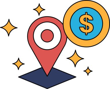 Üzerinde dolar işareti ve yıldız olan bir harita. Dolar işareti haritanın sağ tarafında ve yıldız da sol tarafında.