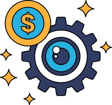 Bir dolar işareti dişlinin üstündedir. Dolar işareti bir daire ile çevrilidir. Teçhizat siyah beyaz.