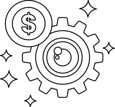 Bir dolar işareti dişlinin üstündedir. Dolar işareti bir daire ile çevrilidir. Teçhizat siyah beyaz.