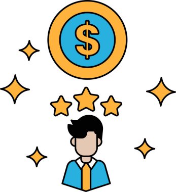 Bir adam üzerinde üç yıldızla bir dolar işaretinin önünde duruyor. Başarı ve başarı kavramı, zenginliği simgeleyen dolar işareti ve yıldızlarla tanınma ve övgüyü simgeliyor.