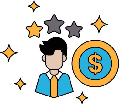 Bir adam üzerinde bir yıldız olan bir dolar işaretinin önünde duruyor. Başarı ve başarı kavramı, başarılı bir iş adamı ya da girişimci olması muhtemel.