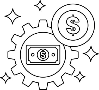 Bir dolar işareti dişlinin üstündedir. Dolar işareti bir daire ile çevrilidir. Teçhizat siyah beyaz.