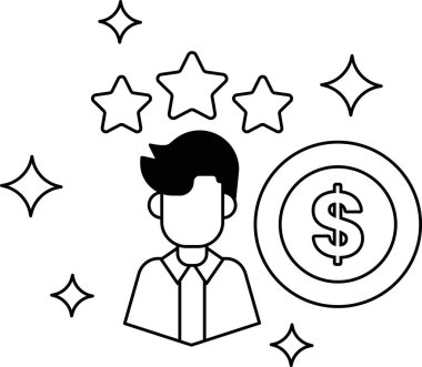 Bir adam üzerinde bir yıldız olan bir dolar işaretinin önünde duruyor. Başarı ve başarı kavramı, başarılı bir iş adamı ya da girişimci olması muhtemel.