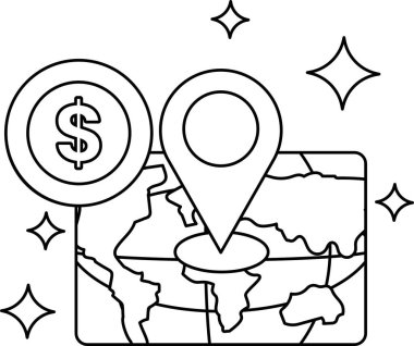 Üzerinde bir dolar işareti ve yıldız olan bir dünya haritası. Dolar işareti haritanın sol tarafında ve yıldız da sağ tarafında.