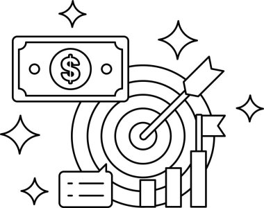Üzerinde dolar işareti olan siyah beyaz bir banknot çizimi ve üzerinde dolar işareti olan bir hedef.