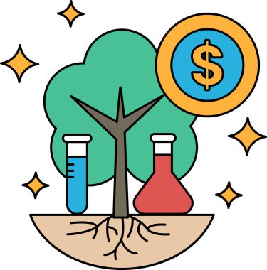 Üstünde bir dolar işareti olan bir ağaç. Dolar işareti bir daire ile çevrilidir. Ağaç iki beher ile çevrili.