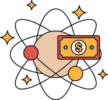 Bir dolarlık banknotun siyah beyaz çizimi, etrafında bir yıldız ve çember var. Dolar banknotları görüntünün merkezine yerleştirilir, yıldız etrafında döner.