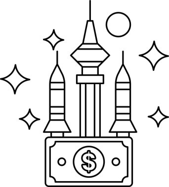 Üzerinde üç kule ve bir dolarlık banknot olan bir bina. Dolar banknotları yıldızlarla çevrili.