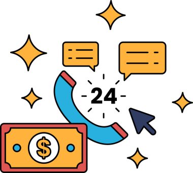 Üzerinde 24 numara olan bir telefonun siyah beyaz çizimi. Çizimde bir dolar ve bir yıldız da yer alıyor. 24 saat hizmet veya 24 saat telefon numarası kavramı
