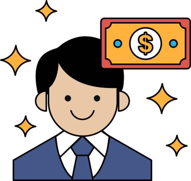 Bir adam gülümsüyor ve elinde bir dolar banknot tutuyor. Mutluluk ve finansal başarı kavramı