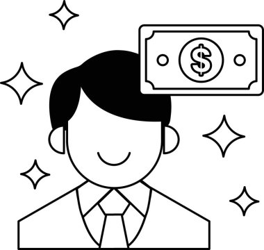 Bir adam gülümsüyor ve elinde bir dolar banknot tutuyor. Mutluluk ve finansal başarı kavramı