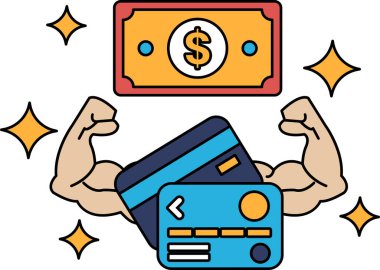 Kolları havada bir adamın elinde bir kredi kartı ve bir tomar para var. Mali güç ve güç kavramı