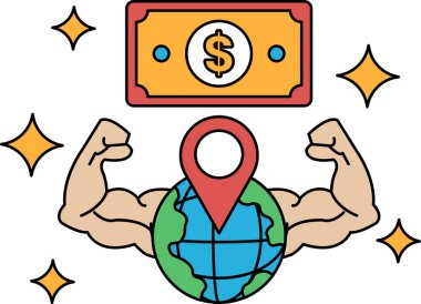 Kolları havada bir adam bir dolar ve bir küre tutuyor. Dolar banknotu dünyanın tepesinde, zenginlik ve güç fikrini sembolize ediyor. Adamın duruşu güç ve kendine güveni gösteriyor.