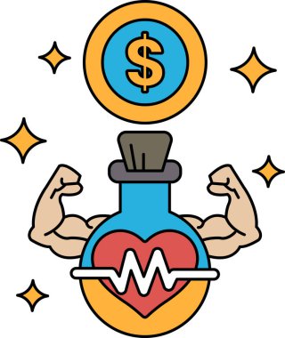 Kalbi ve dolar işareti olan bir adamın karikatürü. Dolar işareti bir madeni paranın üstünde. Adamın elinde üzerinde kalp olan bir şişe var. Çizgi film para ve aşk hakkındadır.