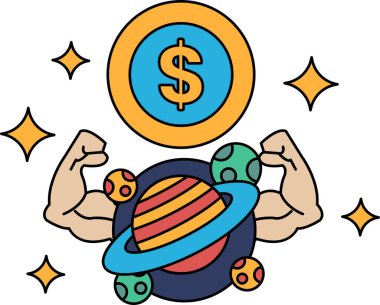 Kolları havada ve ortasında bir dolar işareti olan bir adamın karikatürü. Dolar işareti bir çember ve bir gezegenle çevrili. Çizgi film paranın değeriyle ilgilidir.