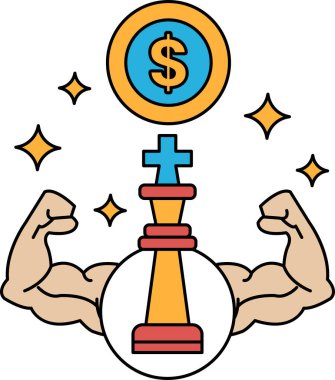 Şişkin kaslı bir adam üzerinde dolar işareti olan bir satranç taşı tutuyor. Güç ve finansal başarı kavramı