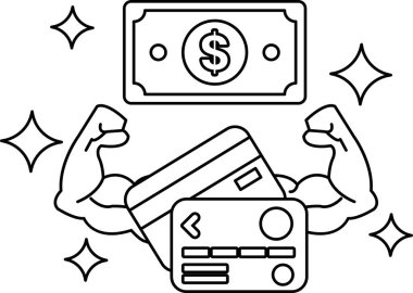 Kolları havada bir adamın elinde bir kredi kartı ve bir tomar para var. Mali güç ve güç kavramı