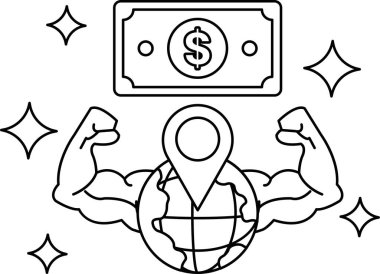 Kolları havada bir adam bir dolar ve bir küre tutuyor. Dolar banknotu dünyanın tepesinde, zenginlik ve güç fikrini sembolize ediyor. Adamın duruşu güç ve kendine güveni gösteriyor.