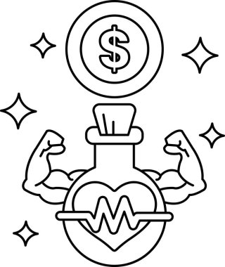 Kalbi ve dolar işareti olan bir adamın karikatürü. Dolar işareti bir madeni paranın üstünde. Adamın elinde üzerinde kalp olan bir şişe var. Çizgi film para ve aşk hakkındadır.