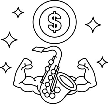 Saksafonun üstünde bir dolar işareti var. Saksafon şişkin kasları olan bir adam tarafından soyuluyor. Güç ve güç kavramının yanı sıra paranın değeri