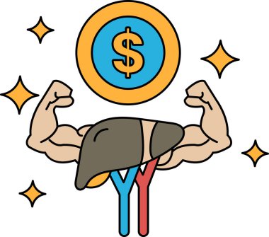 Göğsünde dolar işareti olan bir adam. Dolar işareti bir daire ile çevrilidir. Adam bir gömlek ve havlu giyiyor.