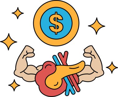 Kolları havada ve arka planda bir dolar işareti olan bir adamın karikatürü. Dolar işareti yıldızlarla çevrili. Çizgi film sıkı çalışmanın önemiyle ilgilidir.