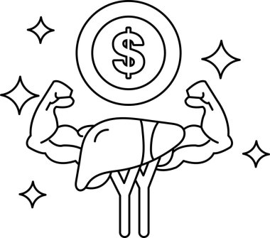 Göğsünde dolar işareti olan bir adam. Dolar işareti bir daire ile çevrilidir. Adam bir gömlek ve havlu giyiyor.