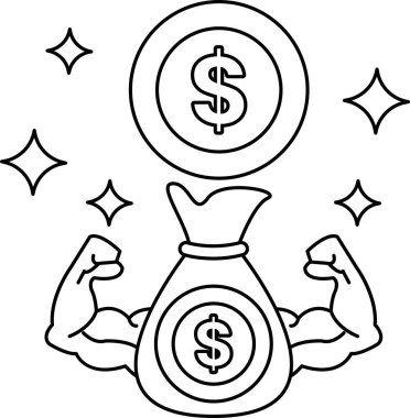 Üzerinde dolar işareti olan bir çantayı tutan kolları havada bir adamın karikatürü. Dolar işareti yıldızlarla çevrili.