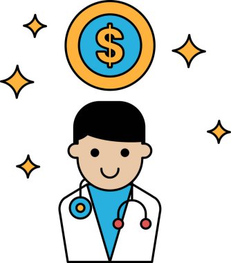 Steteskoplu beyaz önlük giyen bir adam gülümsüyor ve elinde bir dolar işareti tutuyor. Mutluluk ve finansal başarı kavramı