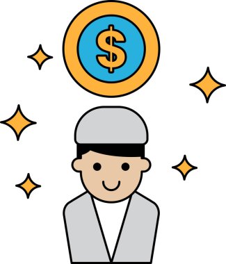 Kafasında dolar işareti olan bir adam. Dolar işareti yıldızlarla çevrili. Adam gülümsüyor.