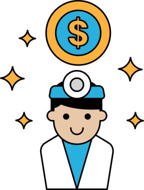 Kafasında dolar işareti olan bir adam. Gülümsüyor. Dolar işareti bir paranın üstünde.