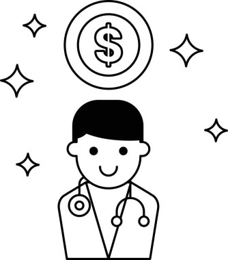 Steteskoplu beyaz önlük giyen bir adam gülümsüyor ve elinde bir dolar işareti tutuyor. Mutluluk ve finansal başarı kavramı