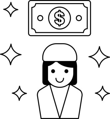 Bir kadın gülümsüyor ve elinde bir dolar banknot tutuyor. Dolar banknotunun etrafı yıldızlarla çevrili. Mutluluk ve başarı kavramı