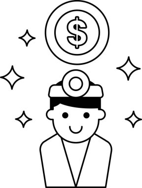 Kafasında dolar işareti olan bir adam. Gülümsüyor. Dolar işareti bir paranın üstünde.