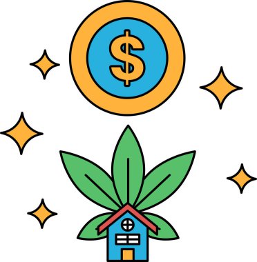 Bir ev ve yaprağın üzerine bir dolar işareti çizilir. Dolar işareti bir daire ile çevrilidir ve yaprak dairenin ortasına çizilir. Ev bir çatı ve bir kapı ile çizilmiş.