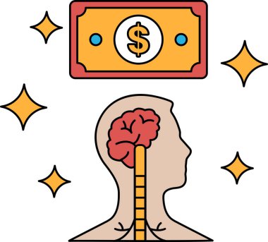 Bir dolarlık banknot bir adamın kafasının üstündedir. Dolar banknotları yıldızlarla çevrili.