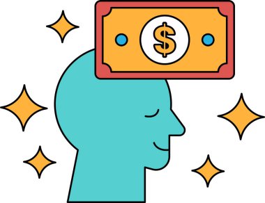 Bir adamın kafası bir doların üstündedir. Dolar banknotunun etrafı yıldızlarla çevrili. Zenginlik ve başarı kavramı