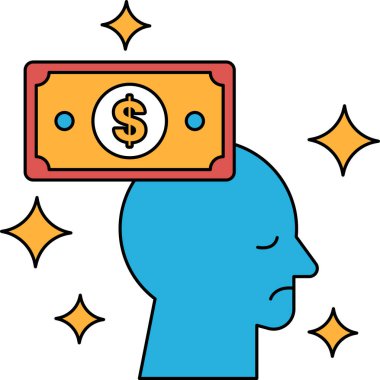 Bir adamın kafası bir dolarlık banknotla kaplıdır. Dolar banknotunun etrafı yıldızlarla çevrili. Dolar banknotu ters dönmüş ve adamın kafası da ters dönmüş.