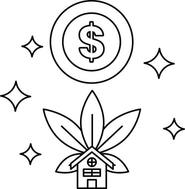 Bir ev ve yaprağın üzerine bir dolar işareti çizilir. Dolar işareti bir daire ile çevrilidir ve yaprak dairenin ortasına çizilir. Ev bir çatı ve bir kapı ile çizilmiş.