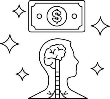 Bir dolarlık banknot bir adamın kafasının üstündedir. Dolar banknotları yıldızlarla çevrili.