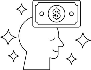 Bir adamın kafası bir doların üstündedir. Dolar banknotunun etrafı yıldızlarla çevrili. Zenginlik ve başarı kavramı