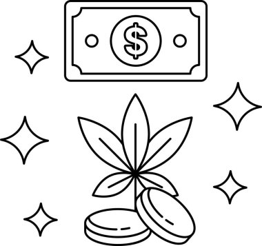 Bir dolarlık banknot yapraklı yeşil bir bitkinin üstünde. Dolar banknotu üç sikkeyle çevrilidir.