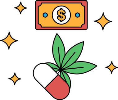 Bir dolarlık banknot hapın üstünde. Hap yeşil ve banknot beyaz.