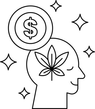 Üzerinde bir dolar işareti ve yaprak olan bir adam kafası. Dolar işareti parayı, yaprak da marihuanayı temsil ediyor. Görüntü, marihuananın değerli bir mal olabileceği fikrini iletiyor.