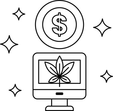 Üzerinde bir dolar işareti ve yaprak olan bir bilgisayar monitörü. Yaprak marihuananın sembolüdür.