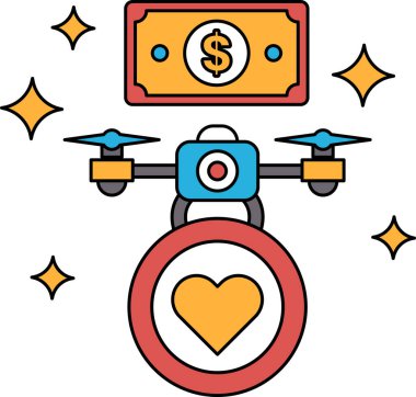 Bir dron, üzerinde kalp olan bir dolar banknotunun üzerinde uçuyor. Zenginlik ve sevgi kavramı, İHA 'nın zenginliği ve kalbi temsil ettiği gibi, başkalarıyla paylaşılabilecek sevgiyi temsil eder.