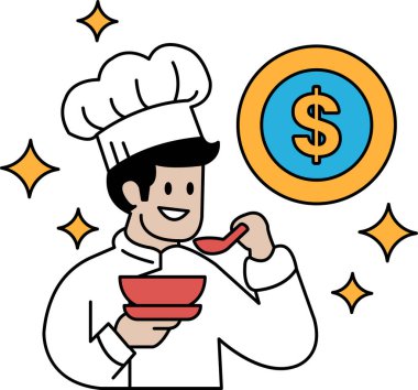 Bir şef çorba içiyor ve gülümsüyor. Arka planda bir dolar işareti var. Mutluluk ve memnuniyet kavramı, şef yemeğinin tadını çıkarırken