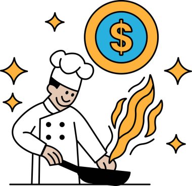 Bir şef arka planda dolar işareti olan bir tavada yemek pişiriyor. Lezzetli yemekler yaparak para kazanmak için çok çalışan bir aşçı kavramı. Sahne pozitif ve canlandırıcı.