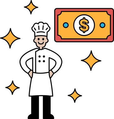 Bir şef 20 dolarlık banknotun önünde duruyor. Şef gülümsüyor ve işiyle gurur duyuyor. Başarı ve memnuniyet kavramı, şef muhtemelen kazancından memnun olacaktır.